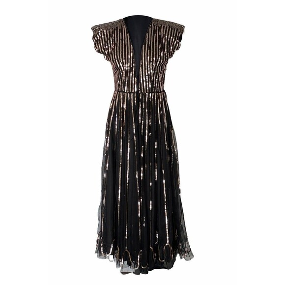 SETA Apparel Dresses & Skirts - SETA Sarkisian Dress Small NWT Black Gold Sequin Embellished Deep V Maxi Gown